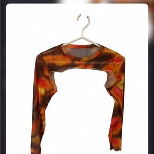 Sheer Long-Sleeve mesh Cutout Top in Burnt Orange-Multicolor